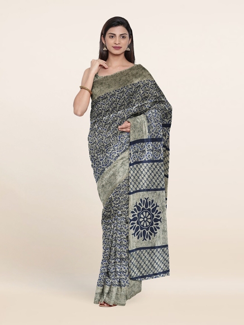 

Pothys Grey & Navy Blue Floral Printed Cotton Blend Saree
