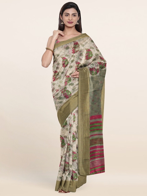 

Pothys Cream-Coloured & Green Paisley Printed Cotton Blend Saree