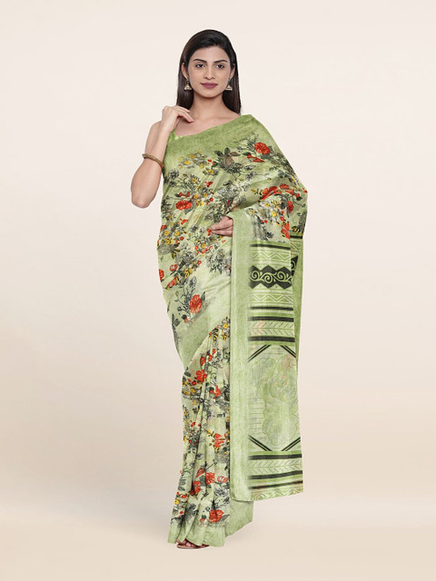 

Pothys Green & Orange Cotton Blend Floral Saree