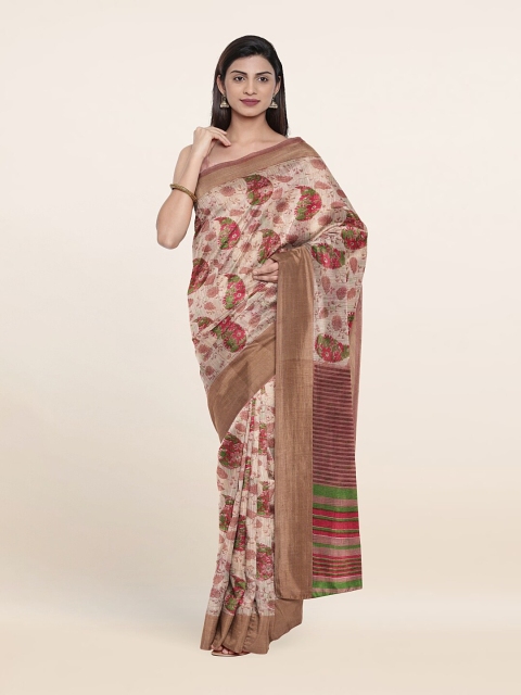 

Pothys Cream-Coloured & Red Paisley Zari Saree