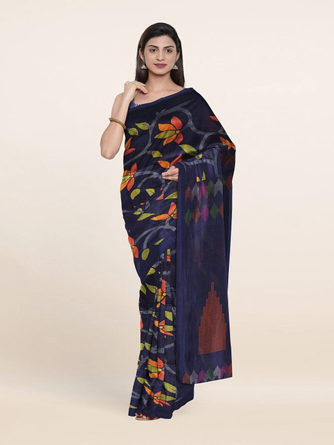 

Pothys Navy Blue & Orange Floral Printed Cotton Blend Saree