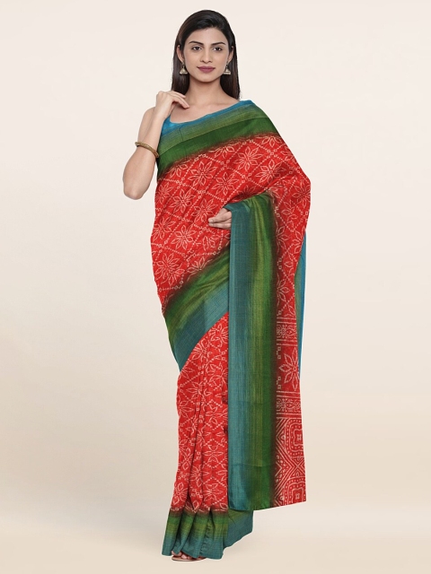 

Pothys Coral & Green Ethnic Motifs Printed Cotton Blend Saree