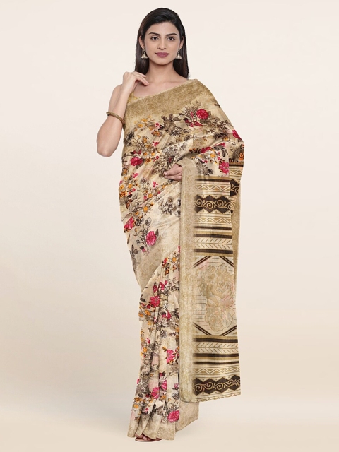 

Pothys Cream-Coloured & Pink Floral Saree