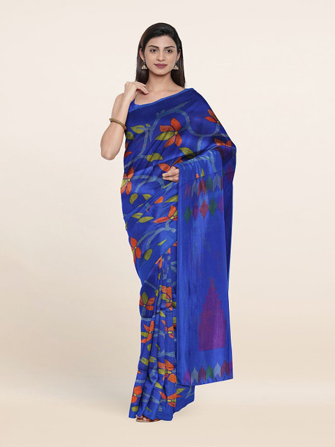 

Pothys Blue & Orange Floral Printed Cotton Blend Saree