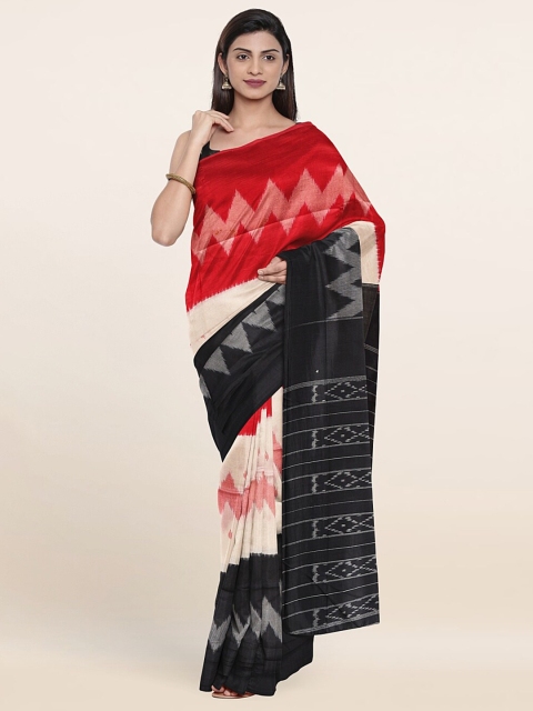 

Pothys Black & Red Geometric Print Saree