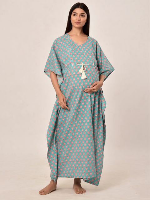 

Ikk Kudi by Seerat Women Turquoise Blue Pure Cotton Maternity Kaftan Nightdress