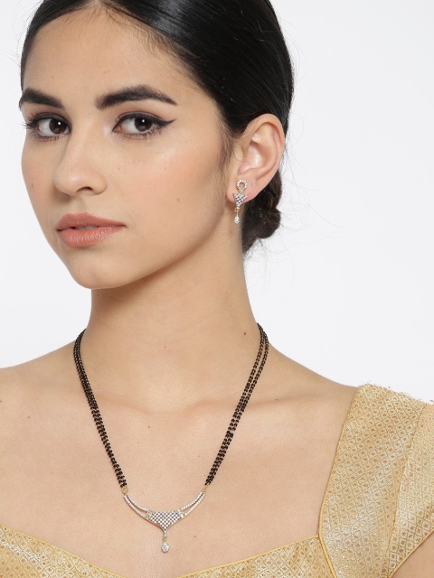 

YouBella Gold-Plated Black & White Stone-Studded & Beaded Mangalsutra With Earrings