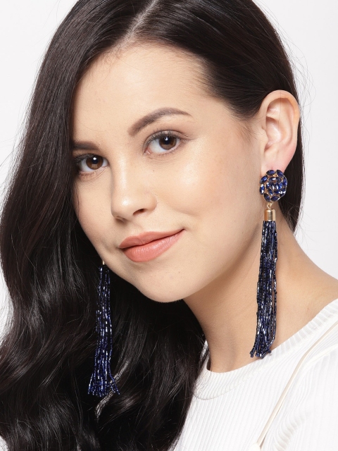 

YouBella Navy Blue & Gold-Plated Contemporary Tasselled Drop Earrings