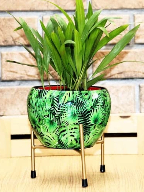 

Leafy Tales Green Printed Rust Free Metal Plant Pot With Stand