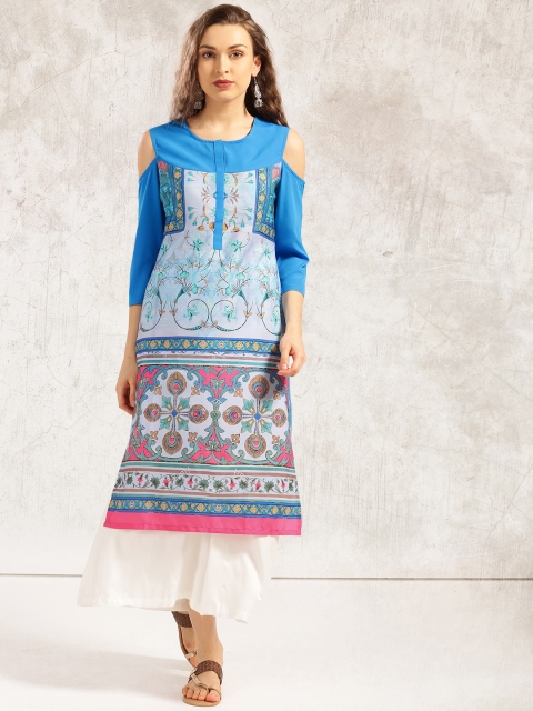 

Anouk Women Blue Printed Cold-Shoulder A-Line Kurta
