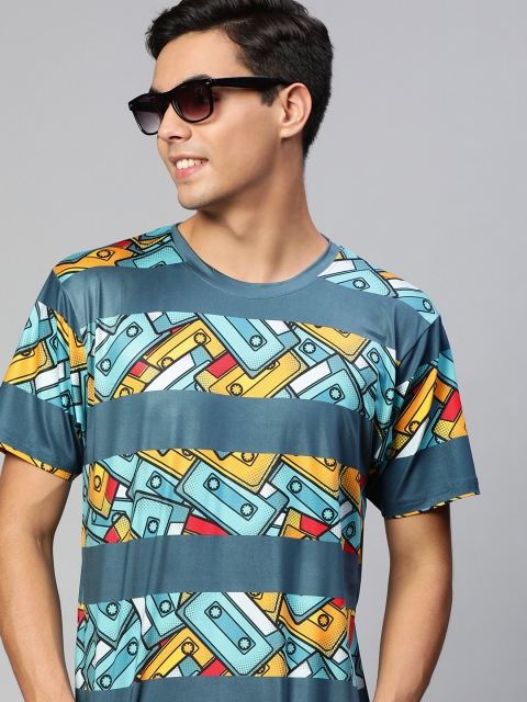 

mezmoda Men Blue & Yellow Abstract Printed Dry-Fit T-shirt