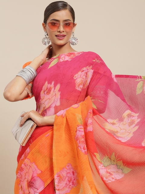 

Tikhi Imli Mustard & Pink Floral Accordion Pleated Poly Georgette Saree