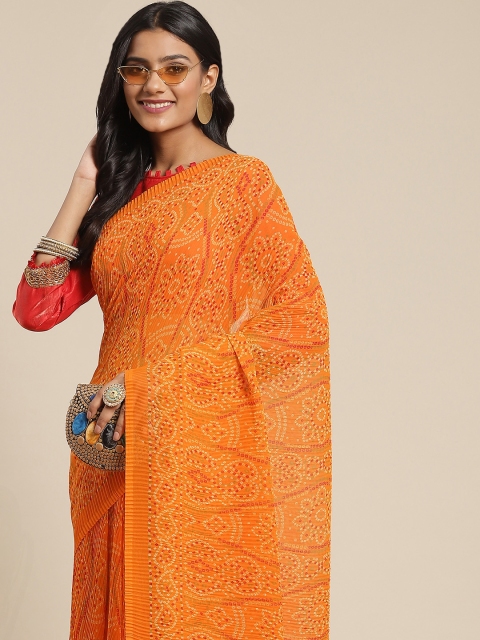 

Tikhi Imli Yellow & Red Bandhani Accordion Pleated Poly Georgette Saree