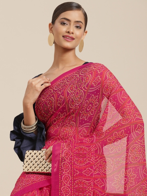 

Tikhi Imli Pink & Green Bandhani Accordion Pleated Poly Georgette Saree