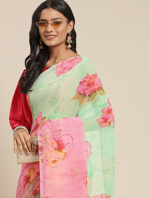 

Tikhi Imli Red & Green Floral Accordion Pleated Poly Georgette Saree