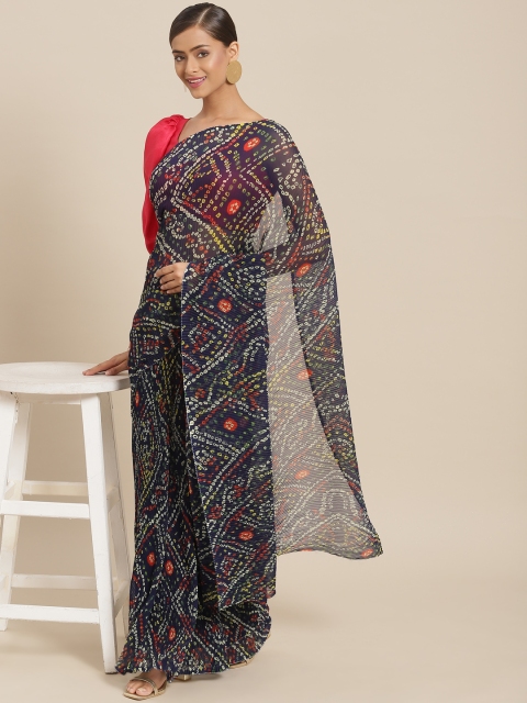 

Tikhi Imli Navy Blue & Pink Bandhani Accordion Pleated Poly Georgette Saree