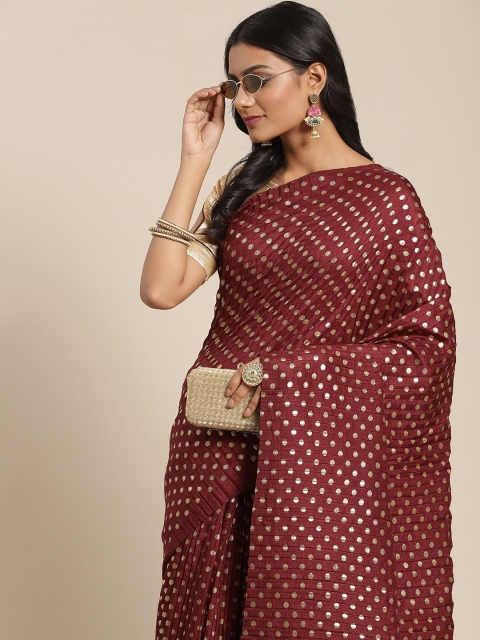 

Tikhi Imli Maroon & Golden Printed Foil Accordion Pleated Poly Silk Saree