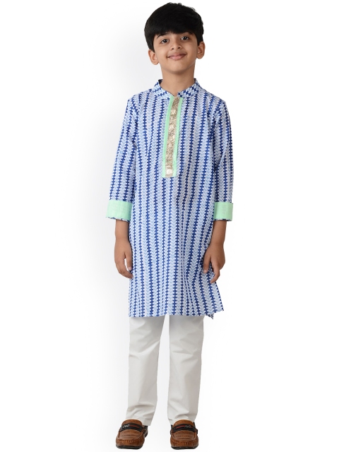 

frangipani Boys Blue Striped Pure Cotton Kurta with Trousers