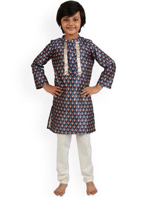 

frangipani Boys Blue Ethnic Motifs Printed Pure Cotton Kurta with Churidar