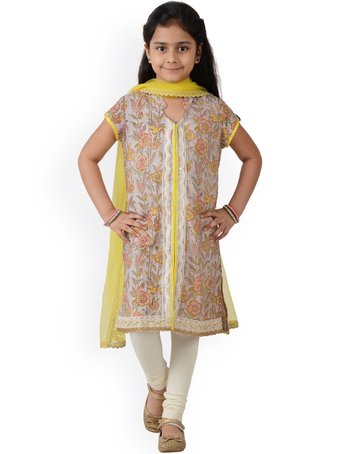 

frangipani Girls Pink Floral Printed Panelled Pure Cotton Kurta with Churidar & With Dupatta