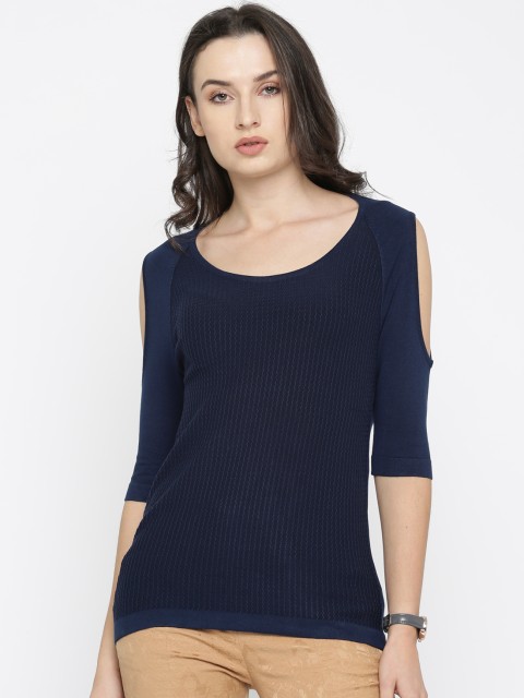 

Wills Lifestyle Women Navy Patterned Cold Shoulder Top, Navy blue