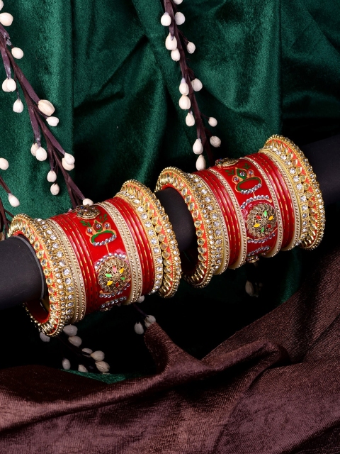 

Saraf RS Jewellery Set Of 2 Gold-Plated & Red Kundan-Studded Bridal Chuda