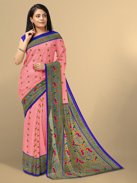 

Kalamandir Peach-Coloured & Blue Printed Pure Linen Saree