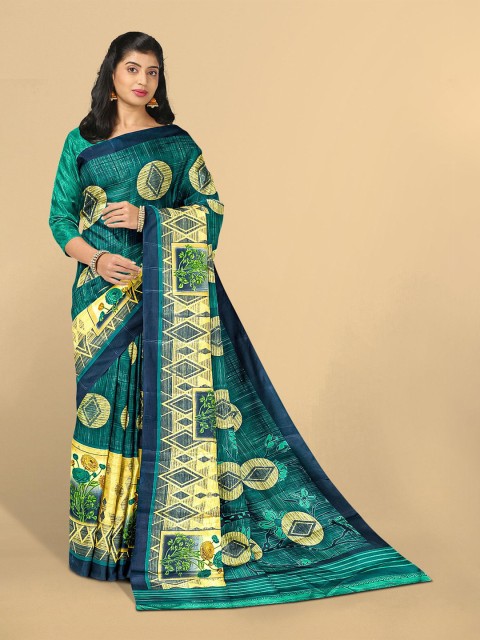 

Kalamandir Teal Green & Yellow Abstract Printed Saree