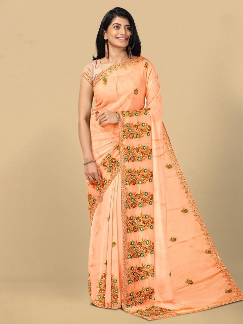 

Kalamandir Peach-Coloured & Green Floral Embroidered Pure Georgette Saree