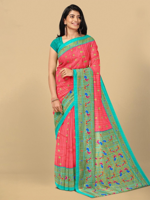 

Kalamandir Pink & Green Ethnic Motifs Pure Linen Saree