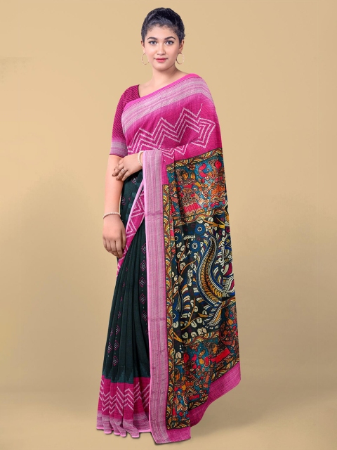 

Kalamandir Black & Pink Kalamkari Pure Linen Saree