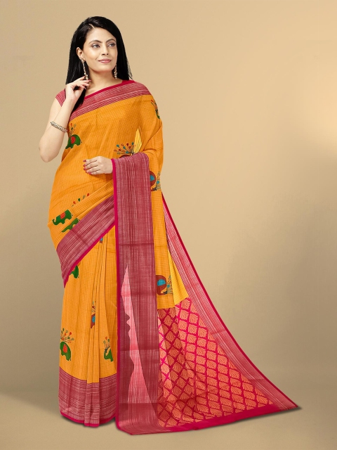 

Kalamandir Mustard & Red Ethnic Motifs Zari Pure Linen Saree