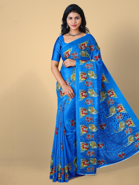 

Kalamandir Blue & Yellow Floral Pure Crepe Saree