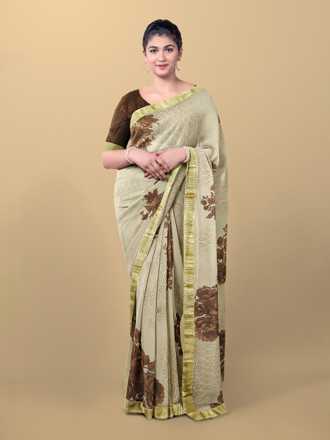 

Kalamandir Cream-Coloured & Brown Floral Beads and Stones Silk Blend Saree