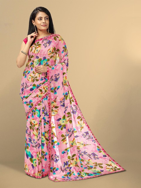 

Kalamandir Pink & Blue Floral Beads and Stones Pure Georgette Saree
