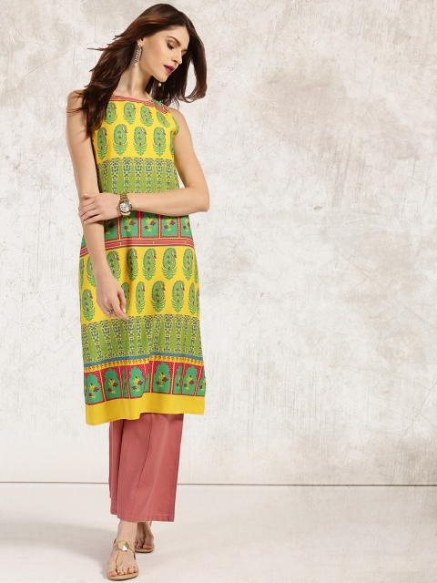 

Anouk Women Yellow & Green Printed Straight Kurta