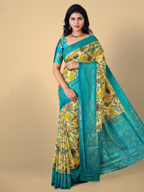 

Kalamandir Cream-Coloured & Blue Floral Zari Silk Blend Banarasi Saree, Beige