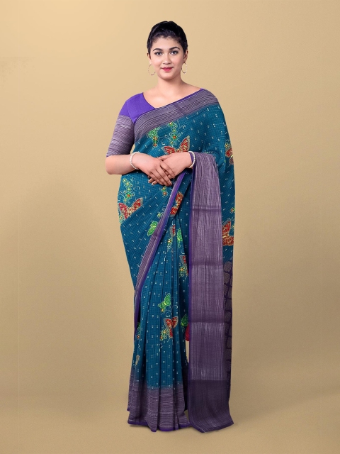 

Kalamandir Blue & Purple Floral Pure Linen Saree