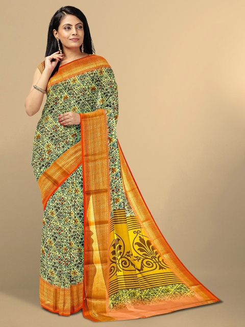 

Kalamandir Green & Orange Ethnic Motifs Cotton Blend Saree
