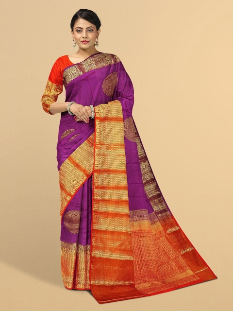

Kalamandir Purple & Orange Woven Design Silk Blend Banarasi Saree