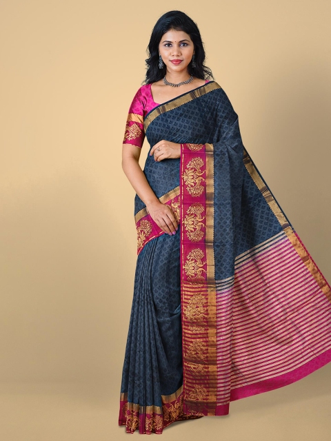 

Kalamandir Navy Blue Floral Zari Pashmina Saree