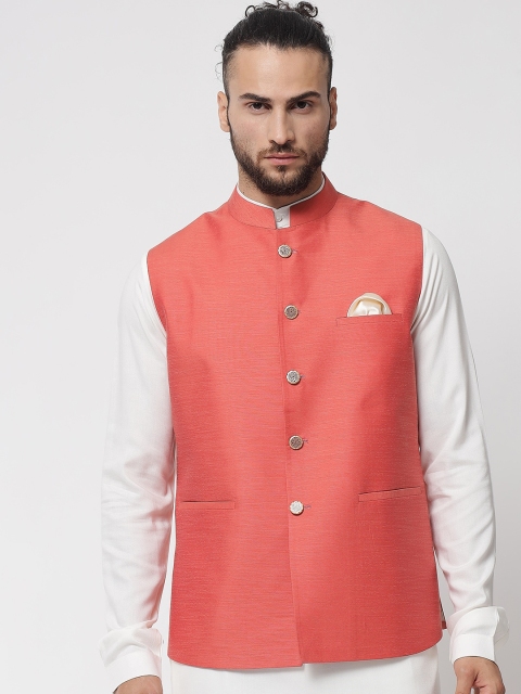 

MAXENCE Men Red Solid Cotton Woven Nehru Jacket