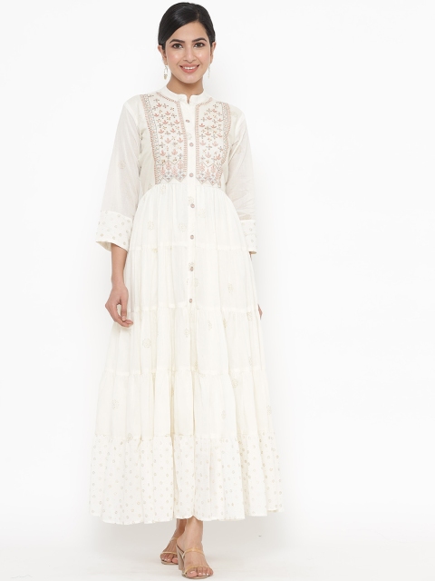 

JAVTA Women White Floral Embroidered Thread Work Pure Cotton Anarkali Kurta