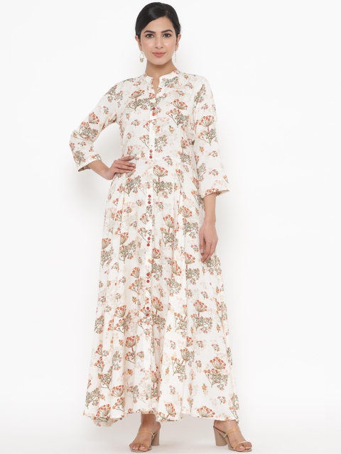 

JAVTA Women White & Green Floral Printed Anarkali Kurta