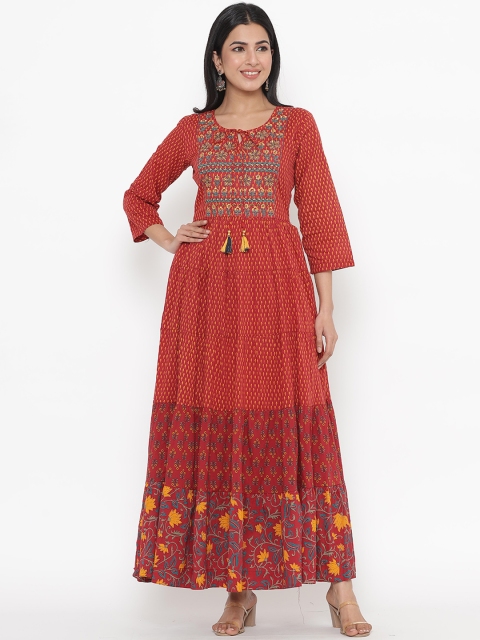 

JAVTA Women Red Ethnic Motifs Printed Flared Sleeves Thread Work Anarkali Kurta