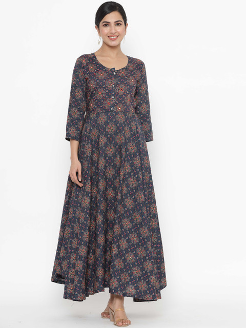 

JAVTA Women Teal Blue & Red Floral Printed Mirror Work Anarkali Kurta
