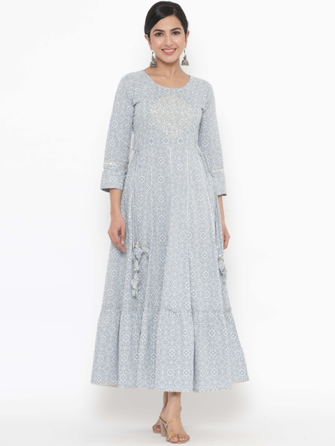 

JAVTA Women Grey Bandhani Printed Thread Work Anarkali Kurta