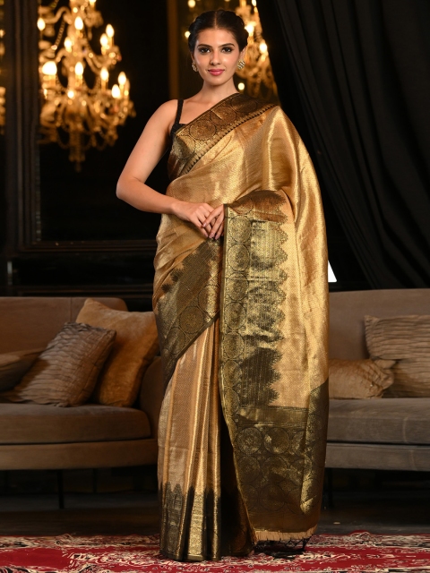 

BEATITUDE Gold-Toned & Black Ethnic Motifs Zari Silk Blend Banarasi Saree