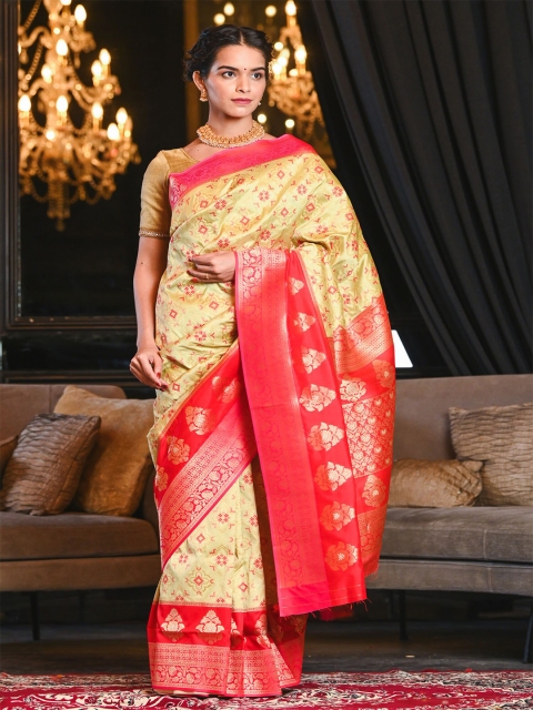 

BEATITUDE Green & Red Ethnic Motifs Zari Patola Saree