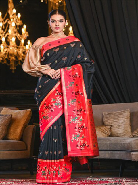 

BEATITUDE Black & Red Ethnic Motifs Zari Paithani Saree